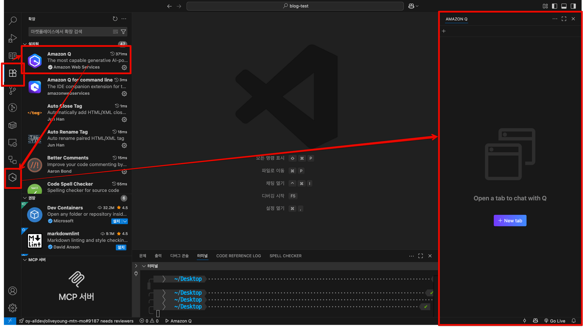 Visual Studio Code에서 Amazon Q 확장 프로그램 설치한 모습