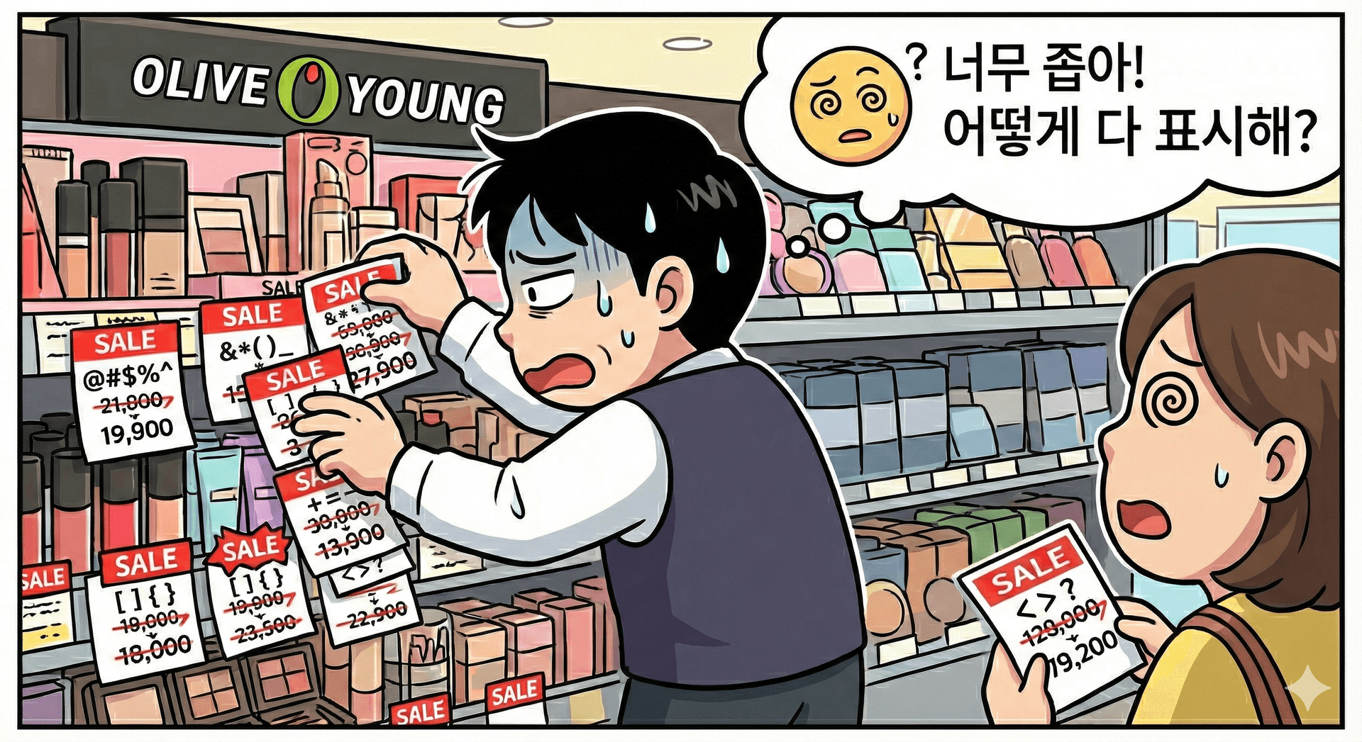 종이라벨에 정보를 다 담지 못해 난감해하는 직원과 혼란스러운 표정의 고객