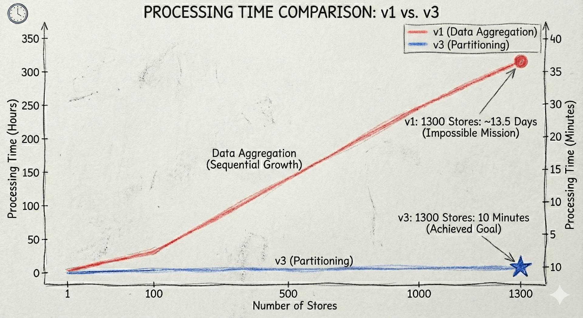 V1 순차 처리 방식 대비 V3 Partitioning 방식의 극적인 성능 개선: 1,300개 매장 기준 13.5일 → 10분 단축